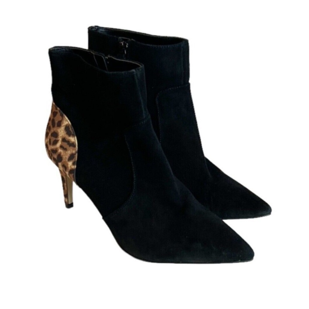Violet & Red Quintin Black and Leopard Print Suede Heeled Bootie Size 7M